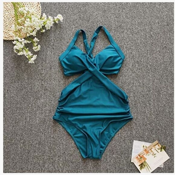 One Piece Swimsuit Push Up Cut Out Flat Stomach Back Tie Regatta Blue Size L - Picture 2 of 8